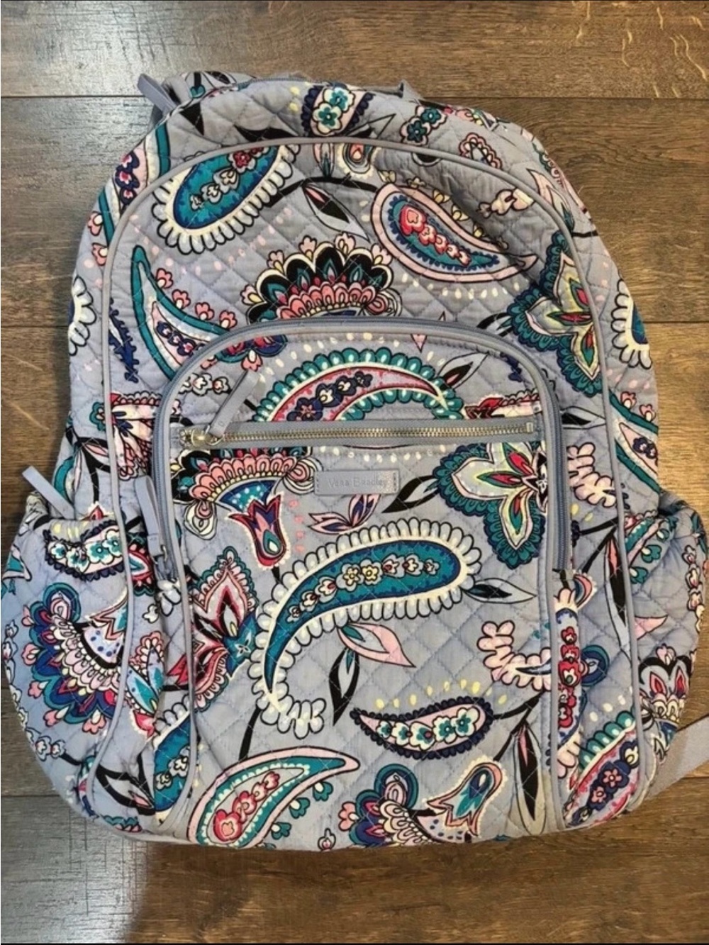 Vera Bradley Gray Quilted Paisley Backpack with Teal & Pink Accents